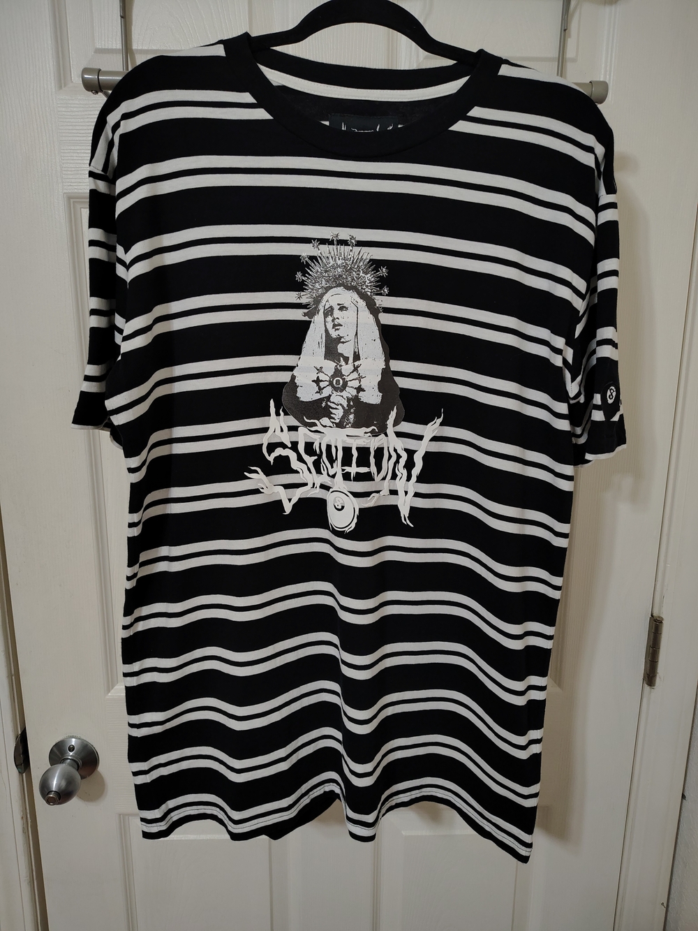 Rare Vintage Section 8 Black & White Striped Mother Mary Graphic Tee Men's L